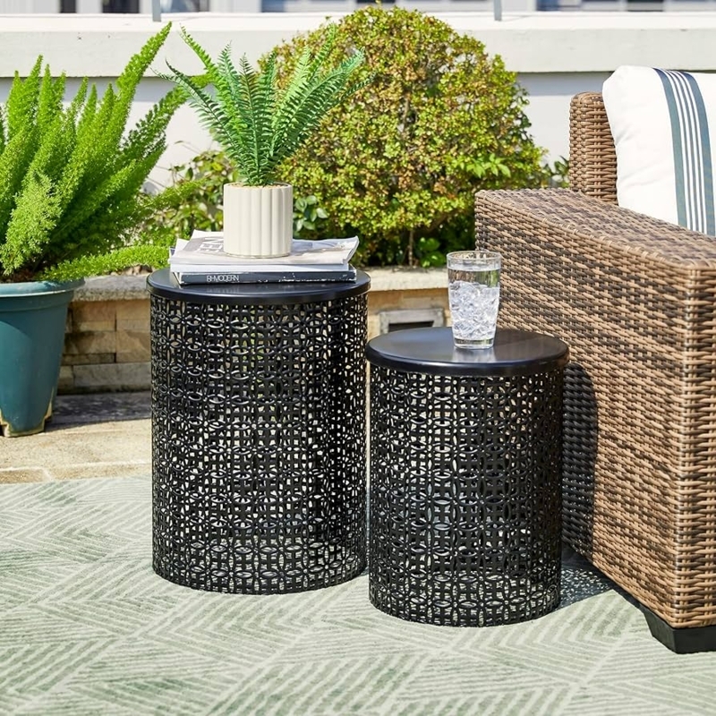 Side Table Set Black Metal Lattice Cutouts Glossy Nesting Drum