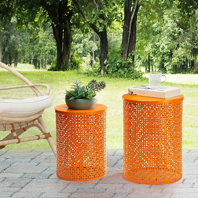 Side Table Set Nesting Glossy Orange Metal Perforated Lattice