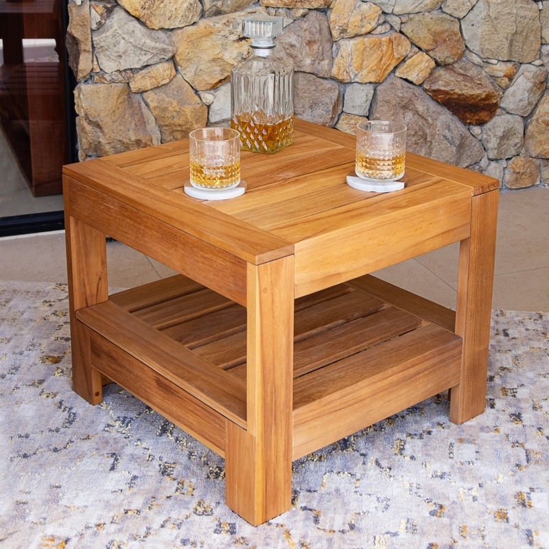 Side Table Solid Wood Patio Chunky Square Legs Two Tier Slatted