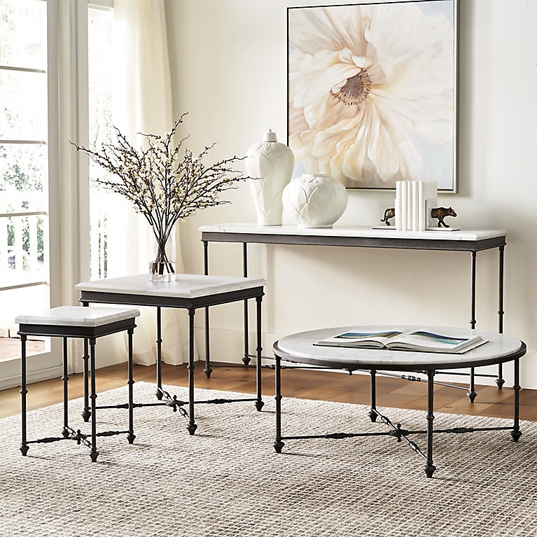 Side Table: Square Marble Top, Black Metal Spindle Legs, Ball Feet