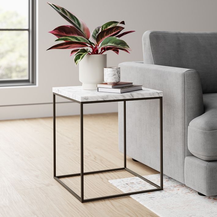 Side Table: Square Open Frame, Dark Bronze & Marble Top