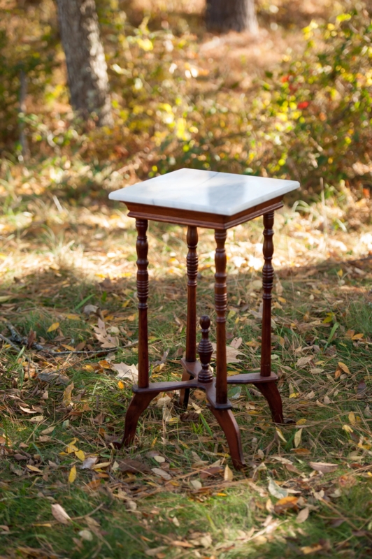 Side Table: Vintage Walnut Turned Legs, Square Marble Top