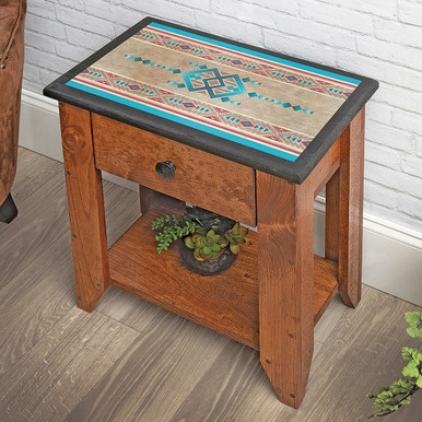 Side Table with Vibrant Aztec Pattern Top and Black Frame