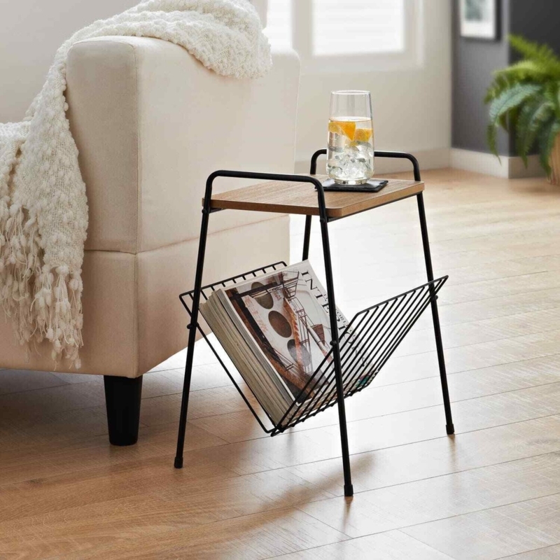 Side Table with Wire Magazine Rack & Integrated Handles, Matte Black
