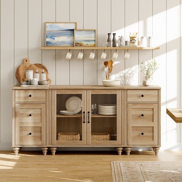 Sideboard Buffet Cabinet with Turned Bun Feet and Glass Doors