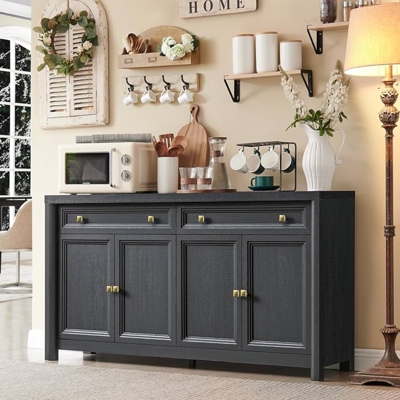 Sideboard Buffet Charcoal Black Finish Brass Hardware Paneled Doors