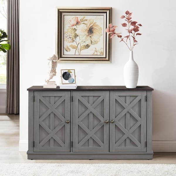 Sideboard Buffet Contrasting Top Gray Finish Gray X-Brace Sideboard