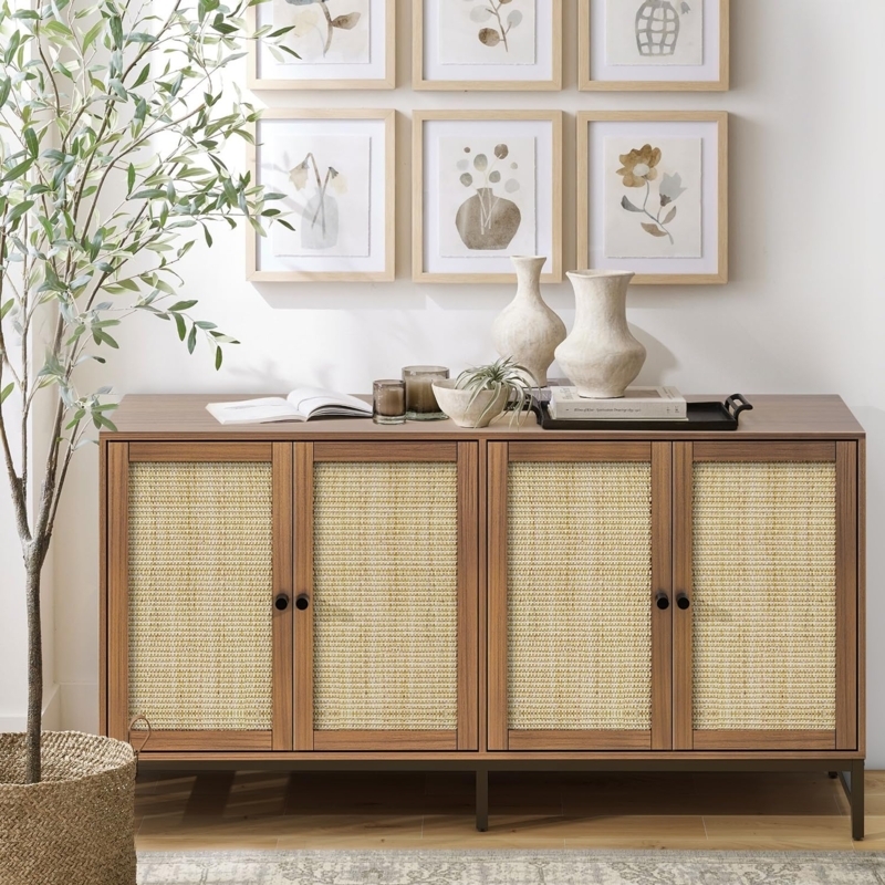 Sideboard Buffet in Walnut Finish with Four Rattan Cane Panels