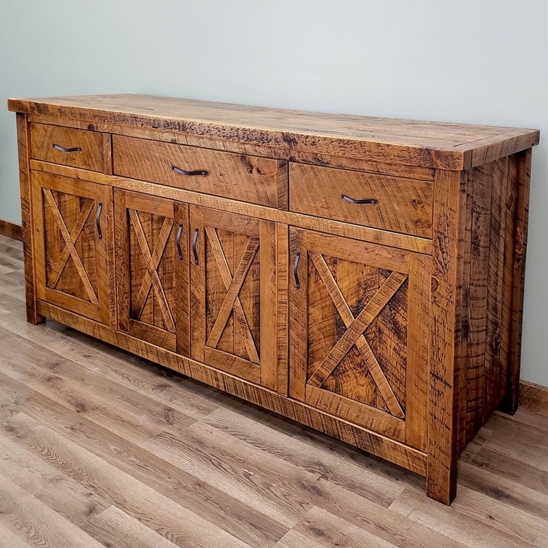 Sideboard Buffet Rough Sawn Honey Brown X-Brace Doors Barn Door Buffet