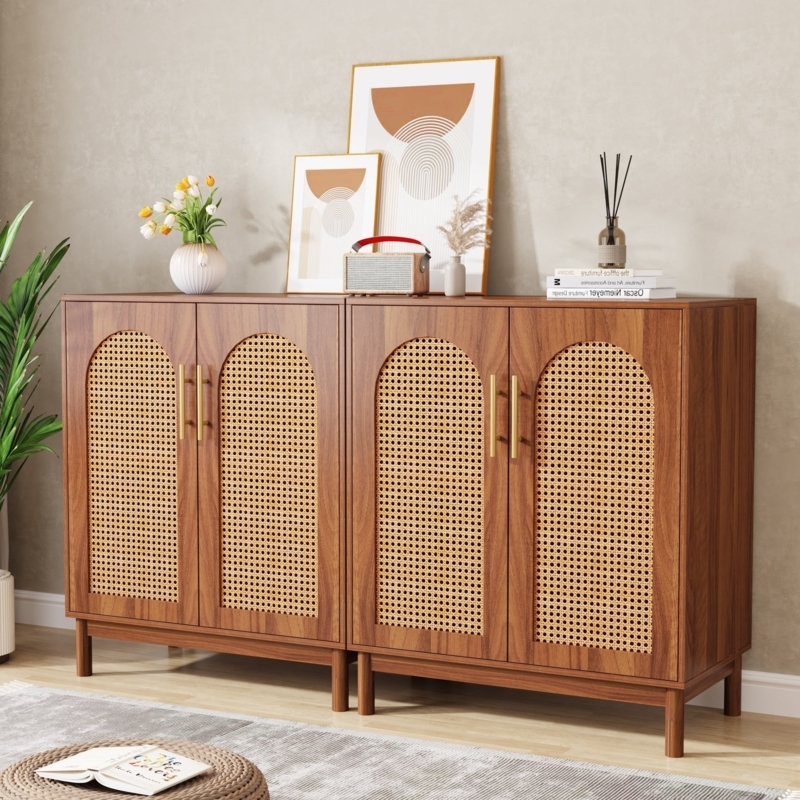 Sideboard Buffet Set with Arched Rattan Doors, Light Brown