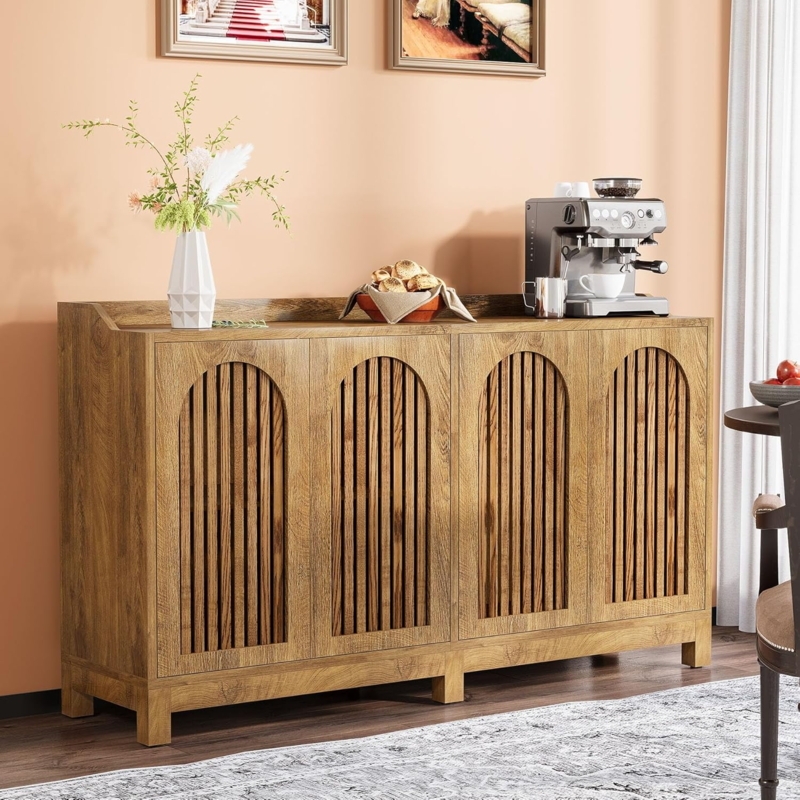 Sideboard Buffet with Arched Shutter Doors in Warm Oak Wood Tone