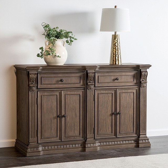 Sideboard Buffet with Carved Corbel Accents in Weathered Oak Finish