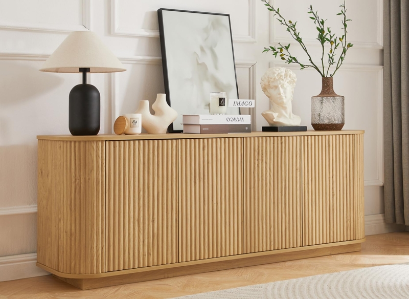 Sideboard Buffet with Curved Silhouette and Fluted Doors in Natural Oak