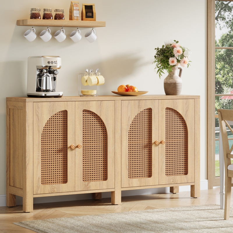 Sideboard Buffet with Four Arched Rattan Inserts, Light Oak