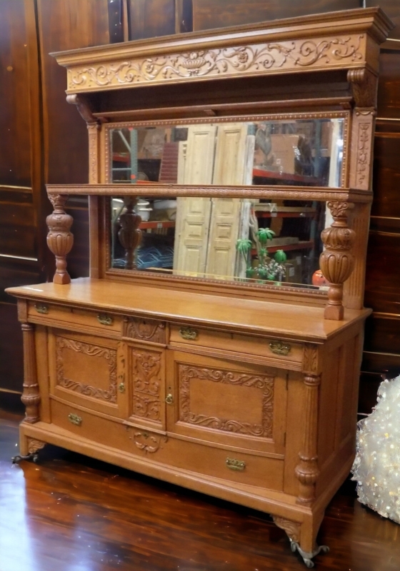 Sideboard Buffet with Mirrored Hutch and Ornate Relief Carved Panels