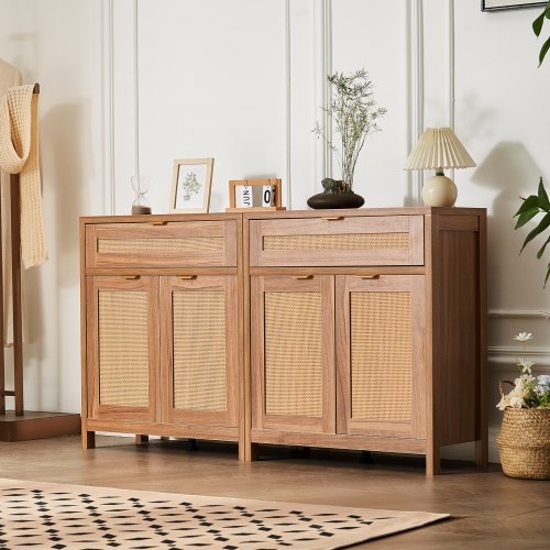Sideboard Cabinet Set with Rattan Inlay and Slim Gold Pulls