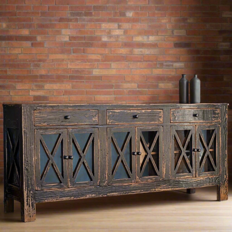 Sideboard Distressed Black X-Lattice Doors Vintage Buffet With Drawers