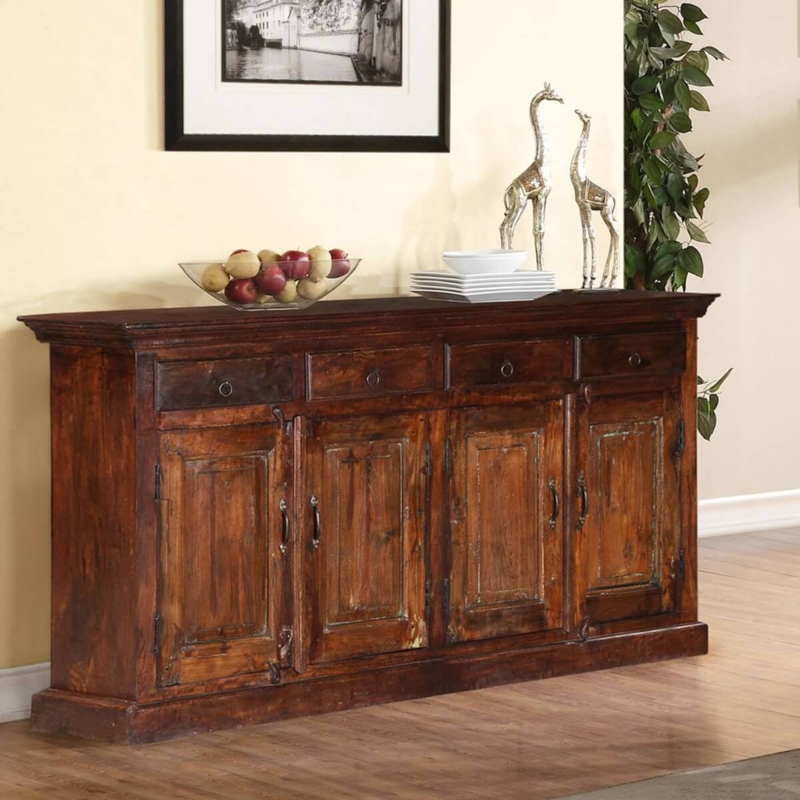 Sideboard Distressed Wood Four Drawer Configuration Paneled Cabinetry