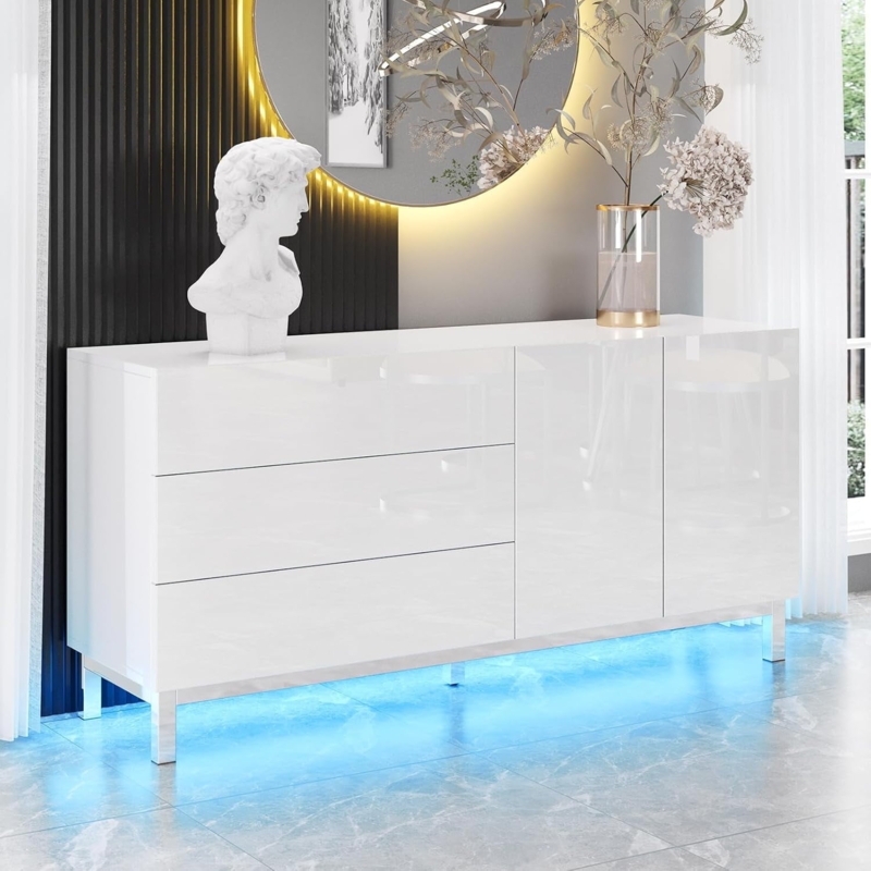 Sideboard High Gloss White with Blue LED Underlighting and Handleless Design