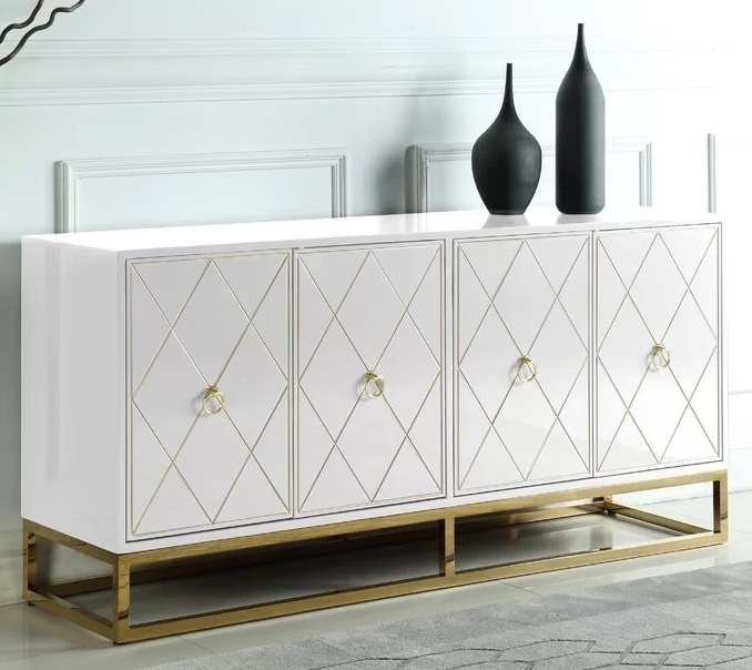 Sideboard High Gloss with Diamond Pattern and Gold Ring Pulls