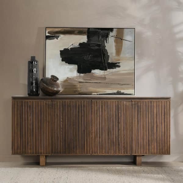 Sideboard in Oak Veneer with Vertical Slats and Block Legs