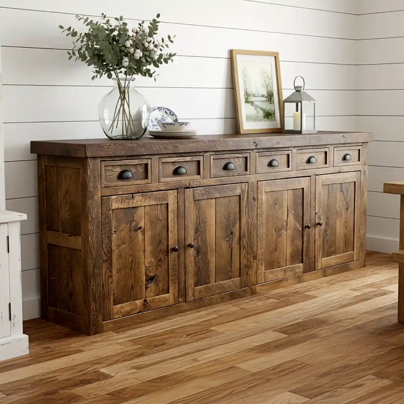 Sideboard in Solid Oak with Six Drawers and Metal Cup Pulls