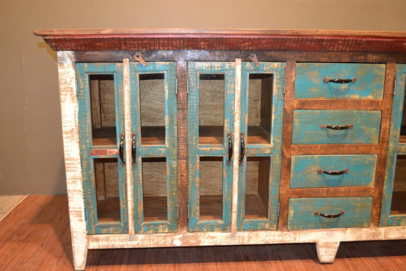 Sideboard Multi Colored Distressing Glass Door Storage Teal Distressed