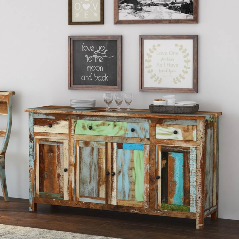 Sideboard Reclaimed Wood Multi Colored Finish Planked Doors