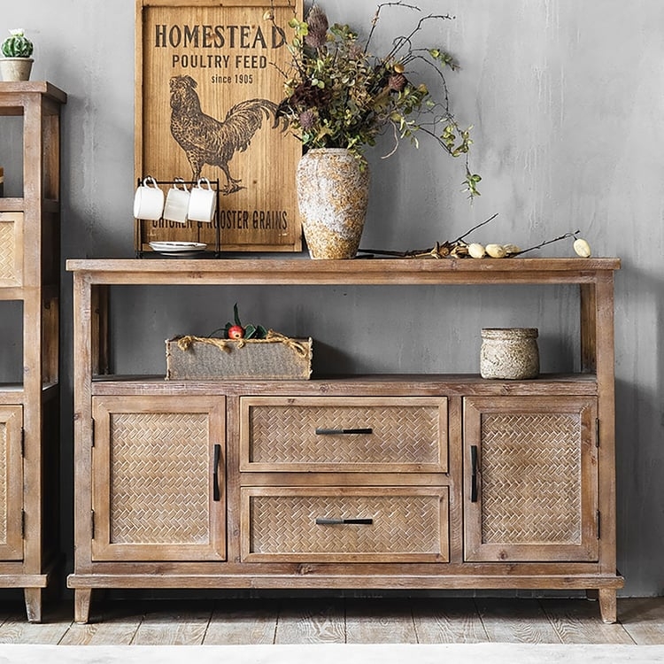 Sideboard Rustic Woven Textured Panels Open Storage Shelf