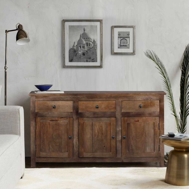 Sideboard Triple Cabinet Storage Natural Wood Grain Dark Metal Hardware