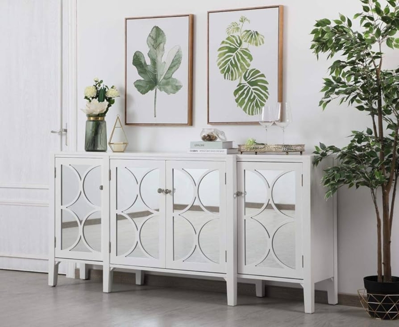 Sideboard with Circular Fretwork and Mirrored Doors 72 Inch