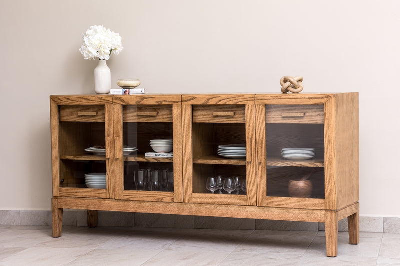 Sideboard with Glass Front Doors, Top Drawers, and Tapered Legs