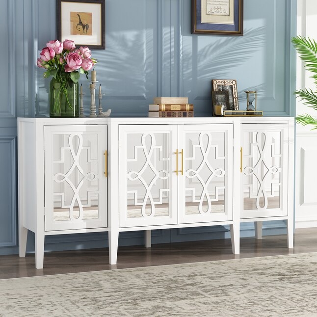 Sideboard with Gold Bar Pulls and Geometric Mirrored Doors