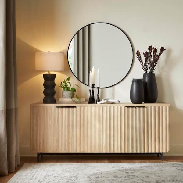 Sideboard with Reeded Texture and Slim Black Metal Base in Coastal Oak