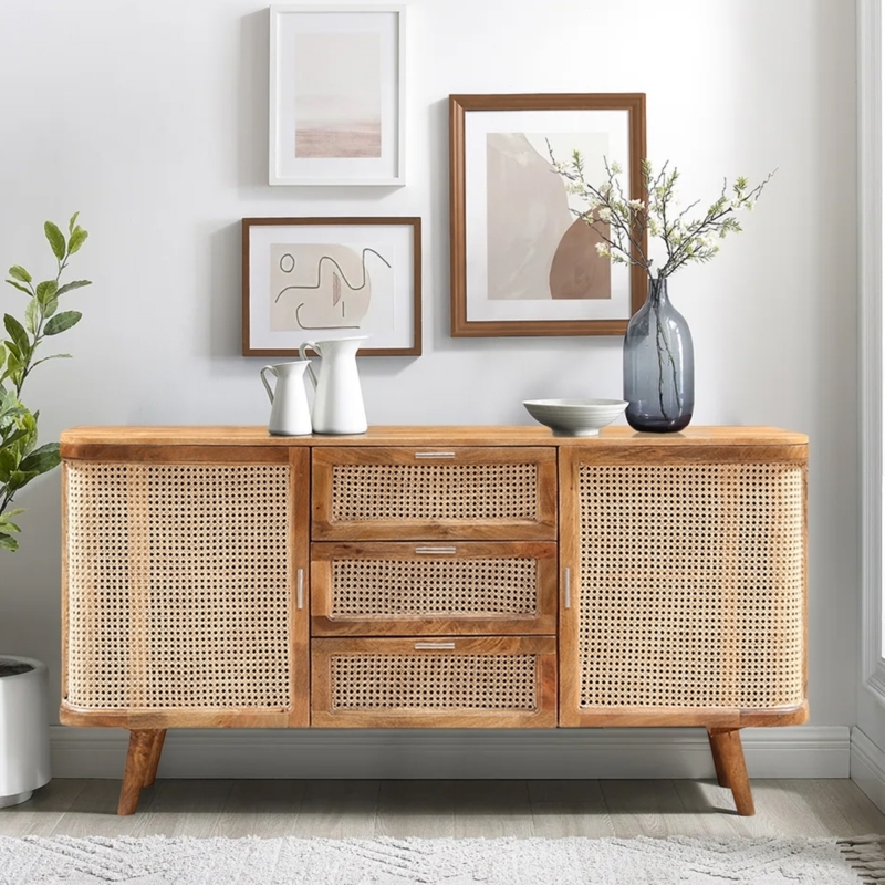 Sideboard with Rounded Corners and Woven Rattan Cane Panels