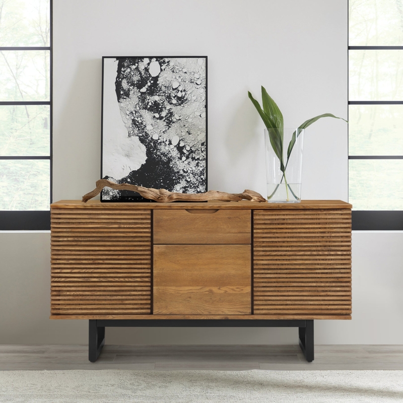 Sideboard with Sled Legs and Slatted Doors in Brown Oak Finish