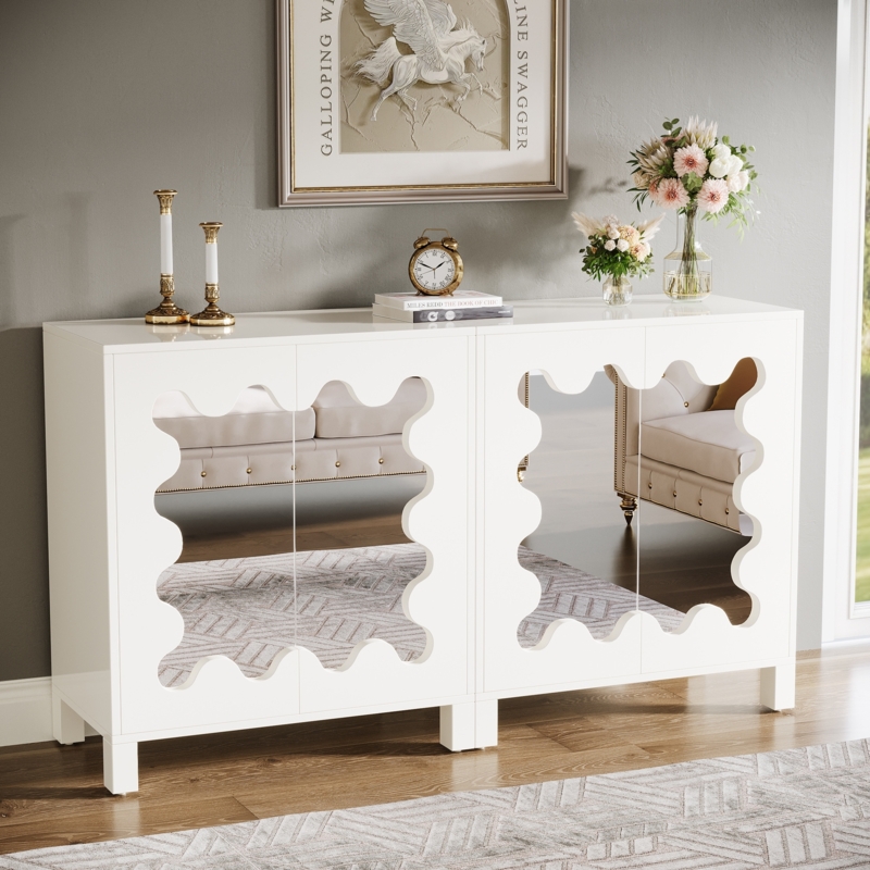 Sideboard with Wavy Mirror Doors and Scalloped Trim Buffet