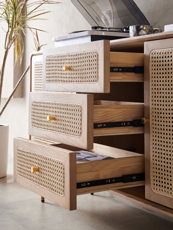 Sideboard with Woven Cane Panels and Gold Brass Knobs