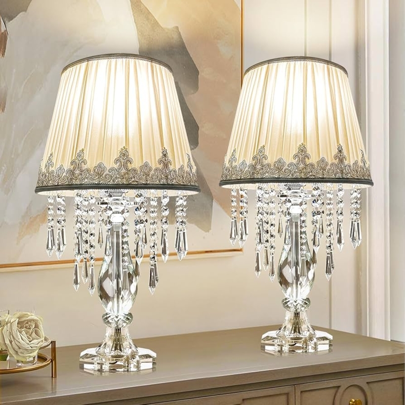 Siljoy Crystal Table Lamp Set of 2, Dimmable Bedside Lamp with Fabric  Shades, Farmhouse Nightstand Lamps with K9 Crystal Strands for Living Room  Bedroom 22.8 High -