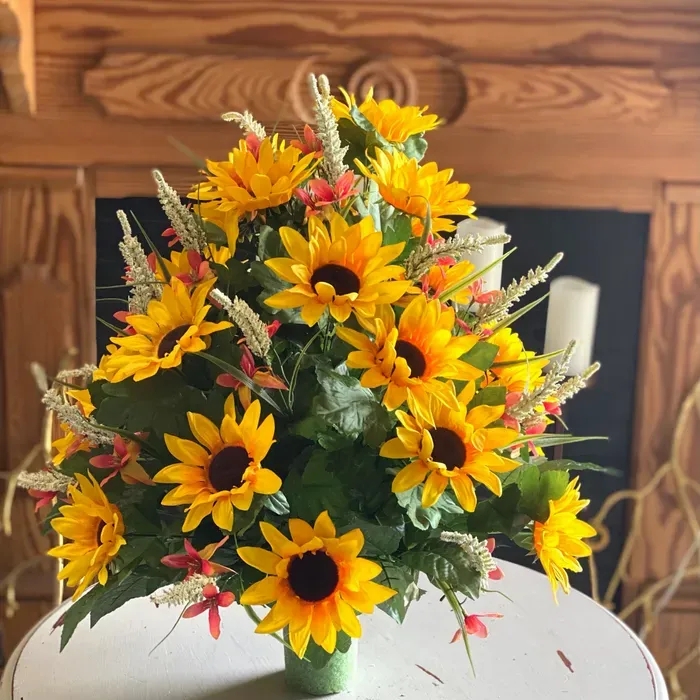 Silk Floral Arrangement Conical Shape, White Sprig Accents, Green Cone Base