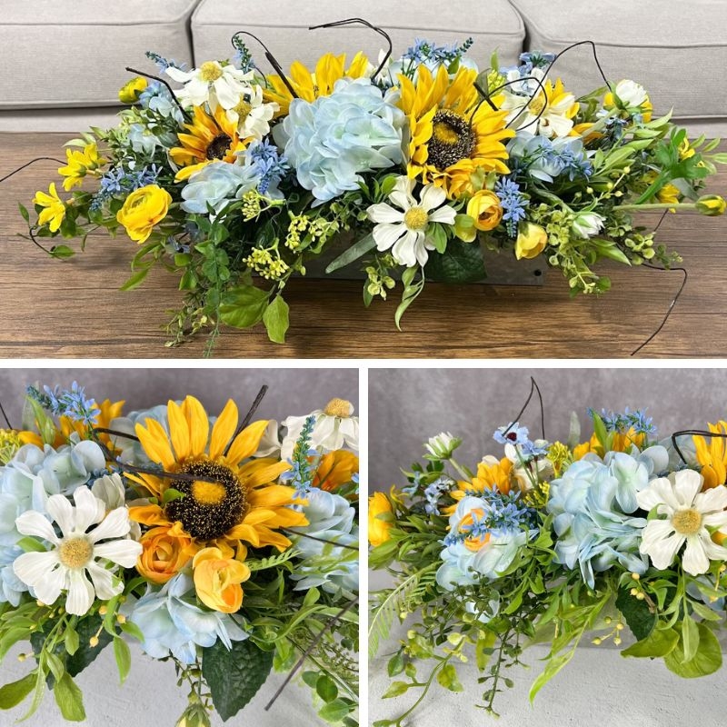 Silk Floral Arrangement, Horizontal Trough Base, Twig Accents, Sunflower Focal