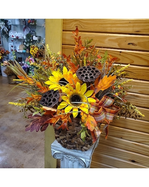 Silk Floral Arrangement with Dried Lotus Pods, Plaid Ribbon in Woven Basket