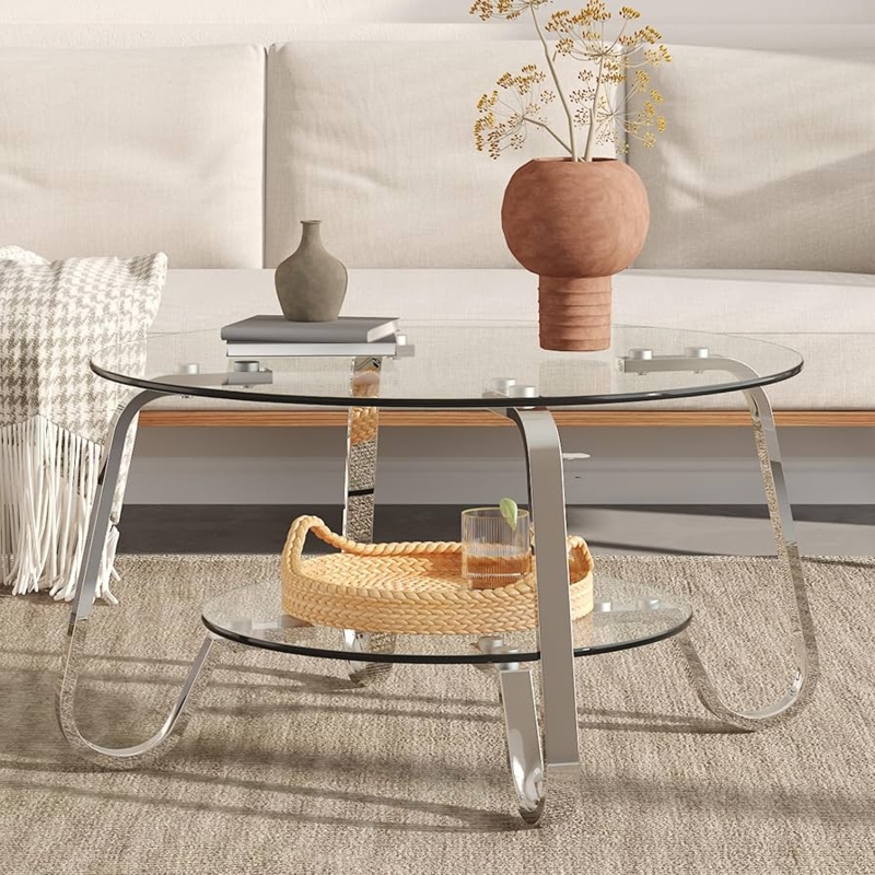 Silver 2-Tier Accent Table Round Glass Curved Loop Legs Polished