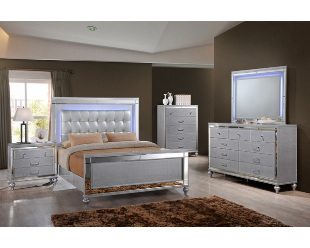 Silver Bedroom Set: Crocodile Texture with LED Backlighting