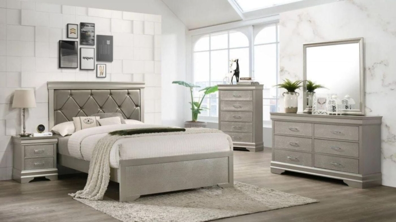 Silver Bedroom Set: Diamond Tufting with Crystal Buttons