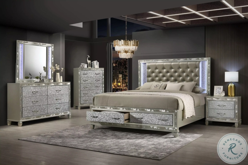 Silver Bedroom Set: Glitter Textured Panels & LED Lighting