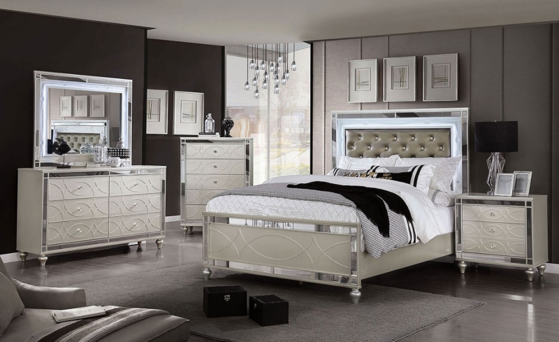 Silver Bedroom Set with Geometric Embossing & LED Backlighting