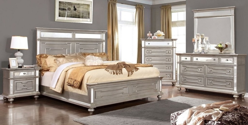Silver Bedroom Set with Geometric Recessed Molding & Mirrors