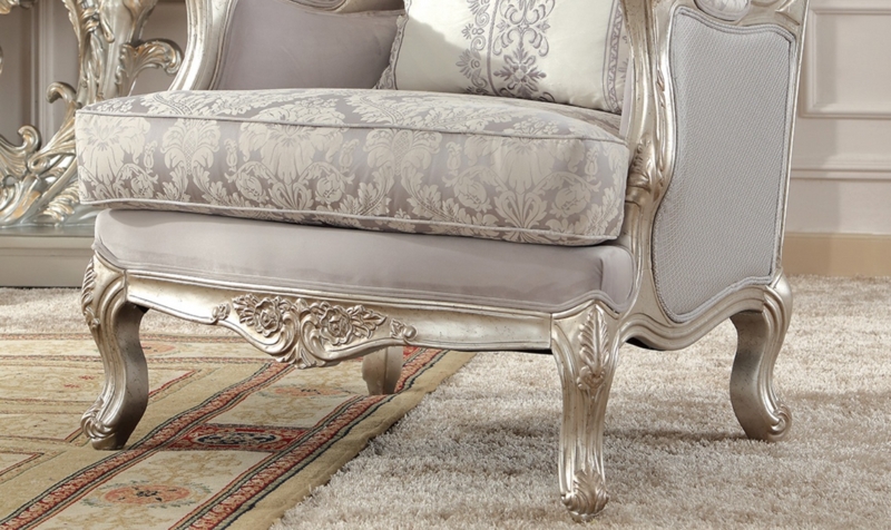 Silver Damask Accent Chair with Carved Floral Apron Detail