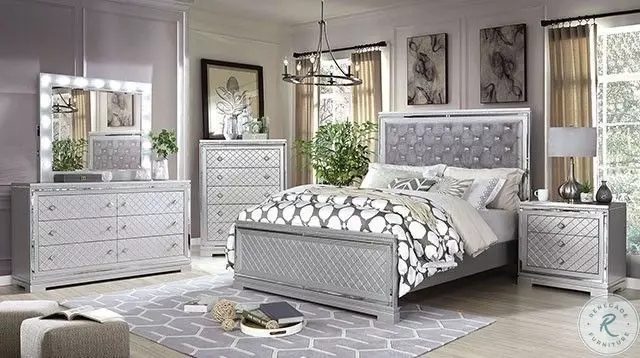 Silver Glam Bedroom Set: Diamond Quilted Panels & Lighted Mirror